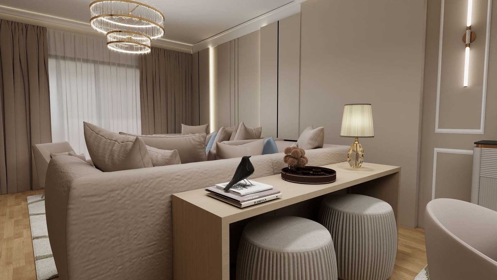 Living room with a full-height storage wall designed by ilika Interiors in Pune